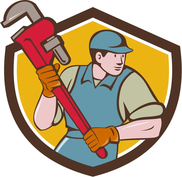 Plumber Running Monkey Wrench Crest Cartoon — Stock Vector