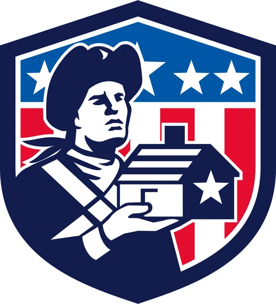 Amerikanischer Patriot hält Hausfahne Wappen retro — Stockvektor