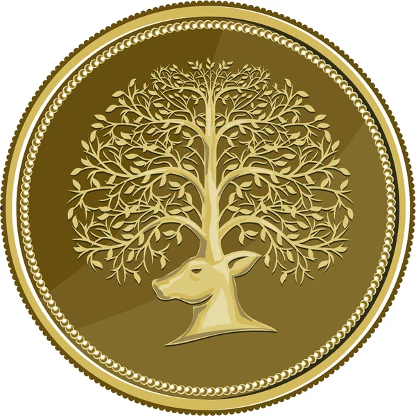 Cuerno de árbol de cabeza de ciervo Moneda de oro Retro — Archivo Imágenes Vectoriales