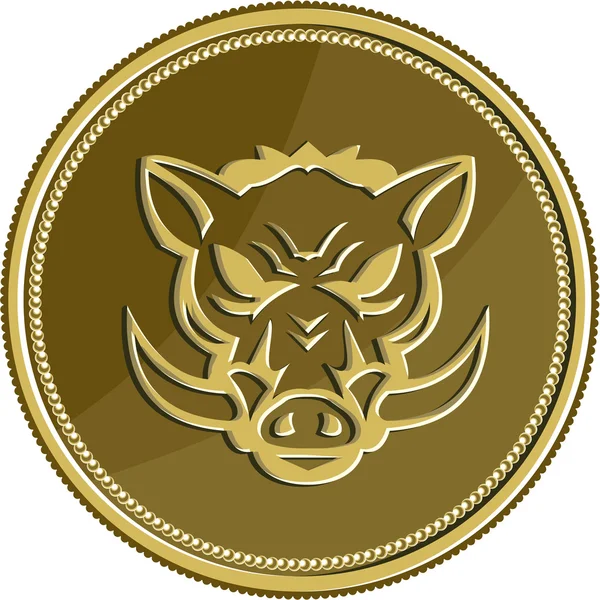 Wild Hog Head Angry Gold Coin Rétro — Image vectorielle