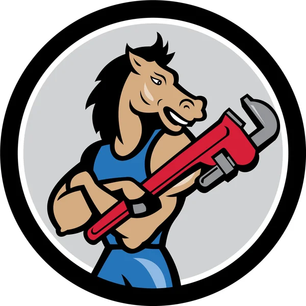 Cavallo idraulico scimmia chiave cerchio cartone animato — Vettoriale Stock