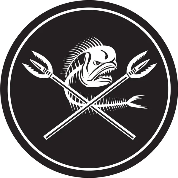 Totenkopf Mahi Mahi Delphin Fisch gekreuzte Speere Kreis retro — Stockvektor