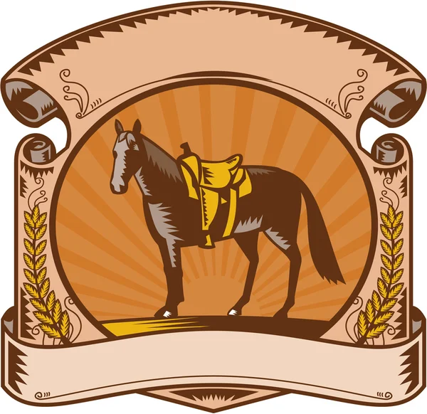 Cheval Western Saddle Scroll Woodcut — Image vectorielle