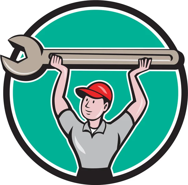 Mechanic Lifting Giant Wrench Circle Cartoon — Stock Vector