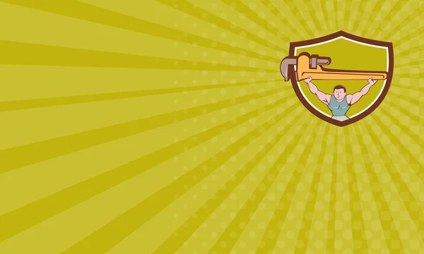 Wizytówka hydraulik sztangista Monkey Wrench Crest kreskówka — Zdjęcie stockowe