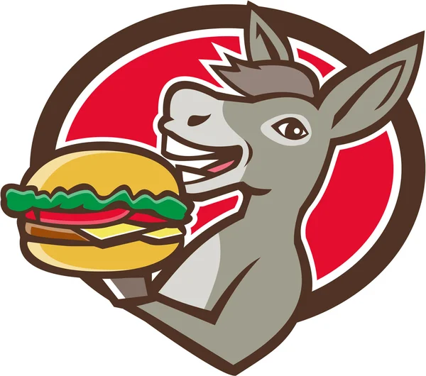Mascote burro servindo Hambúrguer Oval Retro — Vetor de Stock