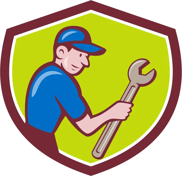 Handyman Holding Spanner Crest Cartoon - Stok Vektor
