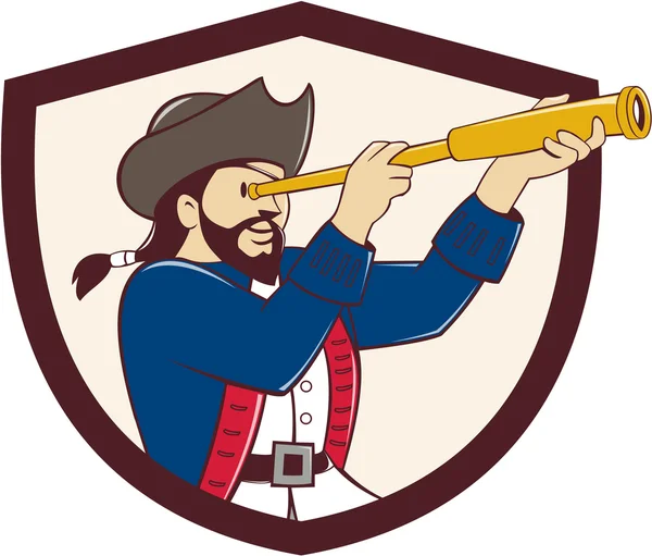 Pirata olhando Spyglass Crest Cartoon — Vetor de Stock