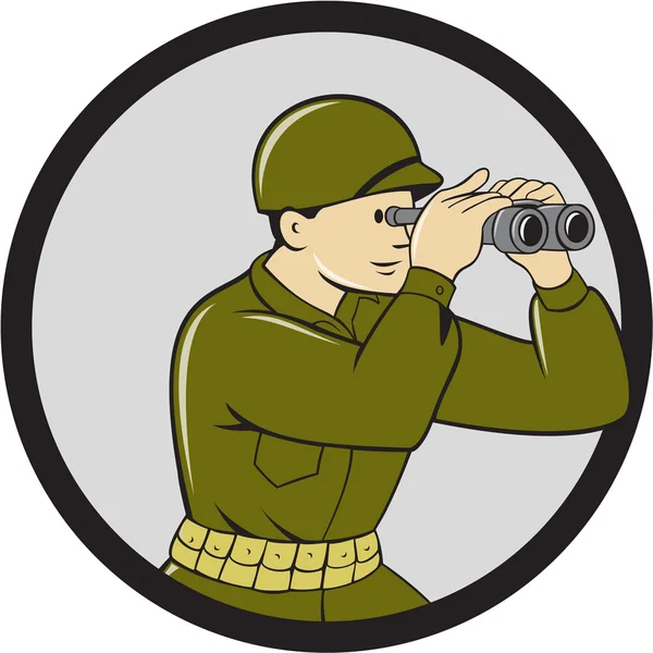 二次世界大战美国士兵双筒望远镜圆卡通 — 图库矢量图片