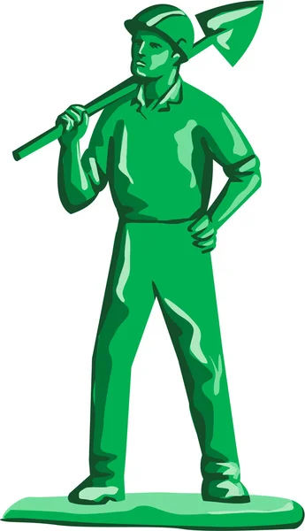 Verde minero sosteniendo pala retro — Vector de stock