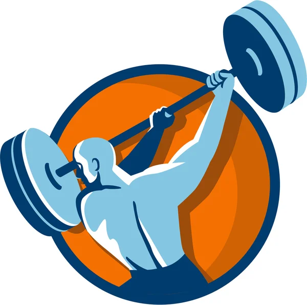 Weightlifter Swinging Barbell Back View Circle Retro — Stock Vector