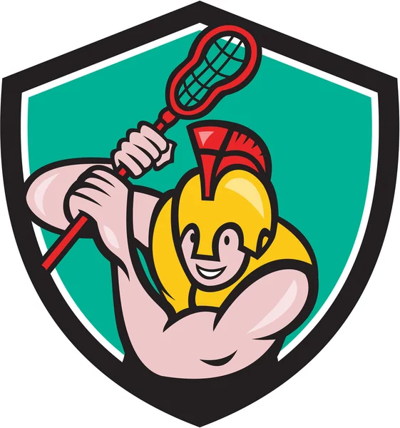Gladiador Lacrosse Jogador Stick Crest Cartoon —  Vetores de Stock