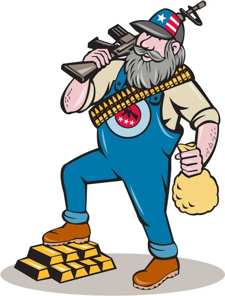 Hillbilly Man Rifle Gold Bars Money Bag Cartoon — Stock Vector