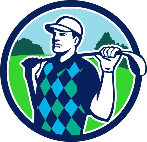 Golfista Golf Club Hombros Círculo Retro — Vector de stock
