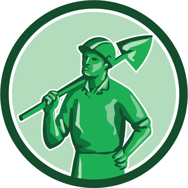 Verde minero sosteniendo pala círculo retro — Vector de stock