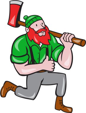 Paul Bunyan oduncu balta diz çökmüş çizgi film