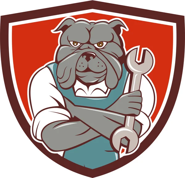 Bulldog braços mecânicos cruzados Spanner Crest desenhos animados —  Vetores de Stock