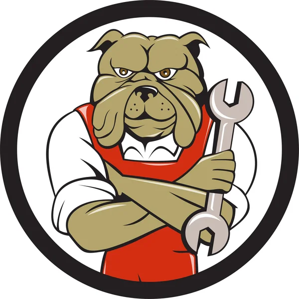 Bulldogge Mechaniker Arme gekreuzten Schraubenschlüssel Kreis Karikatur — Stockvektor