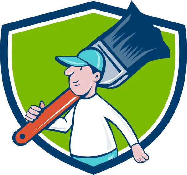 Huisschilder Paintbrush wandelen Shield Cartoon — Stockvector