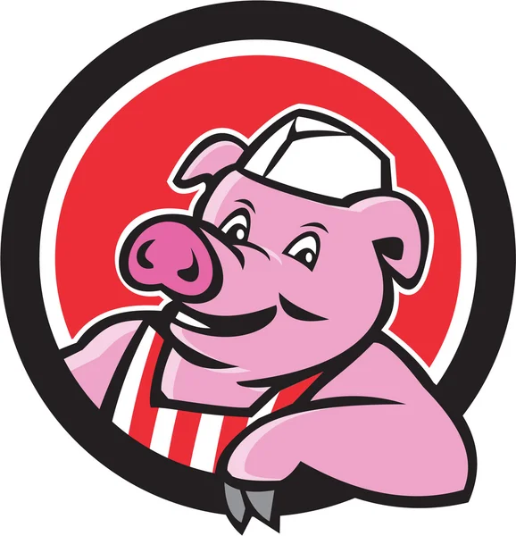 Butcher Pig Leaning Circle Cartoon — Stock Vector