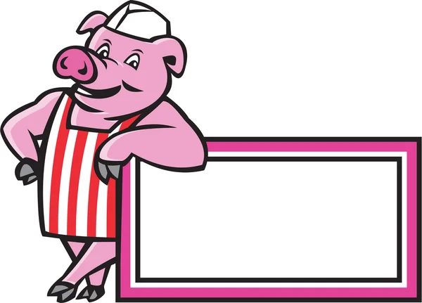 Butcher Pig Leaning On Sign Cartoon — Stock Vector