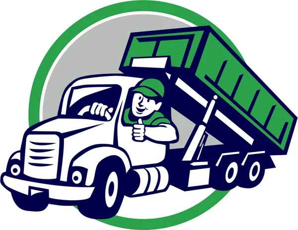 Roll-Off Bin Truck Driver Pulgares hacia arriba Dibujos animados del círculo — Vector de stock