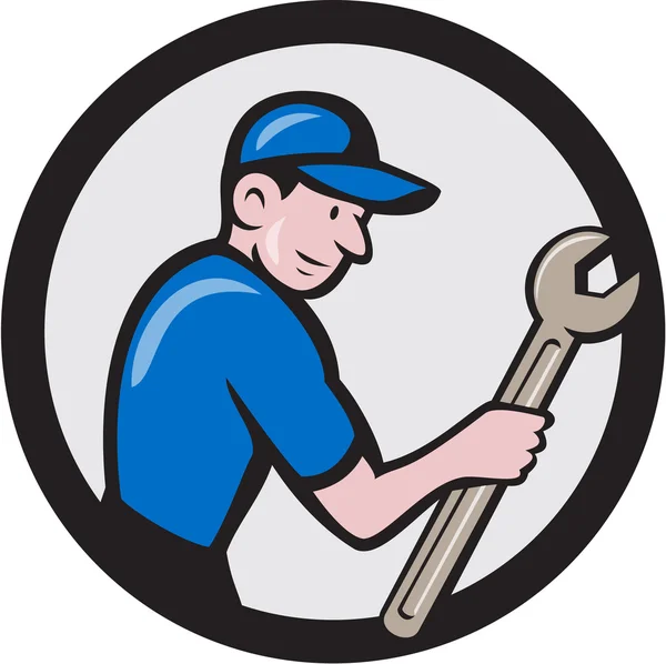 Handyman sosteniendo Spanner círculo de dibujos animados — Vector de stock