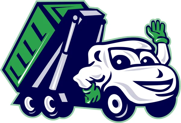 Roll-Off Bin Truck zwaaien Cartoon — Stockvector