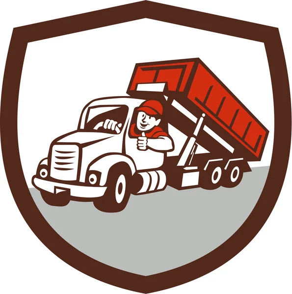 Roll-Off Bin conductor de camión pulgares encima de la historieta Escudo — Archivo Imágenes Vectoriales