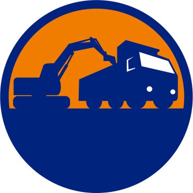 Mechanical Digger Loading Dump Truck Circle Retro clipart