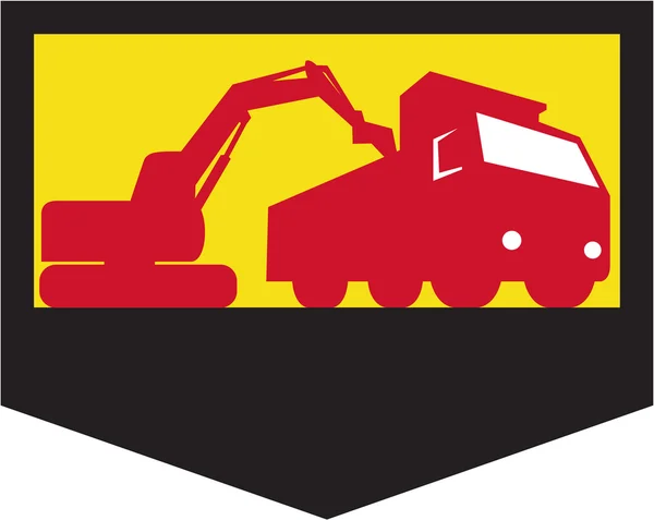 Escavador mecânico carregando caminhão basculante escudo retro — Vetor de Stock