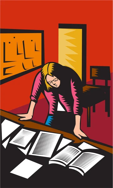 Maestro deprimido aula de mesa Woodcut — Vector de stock