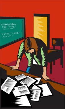 Depresif kadın okul öğretmen sınıf gravür