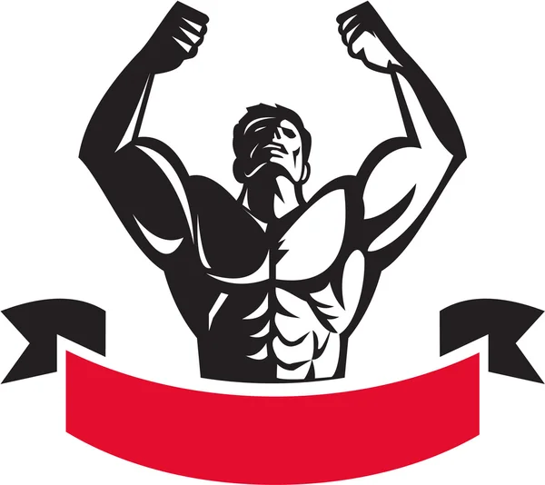 Body Builder Flexing Músculos Banner Retro — Vetor de Stock