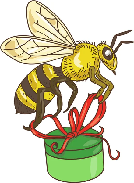 Abeja llevando caja de regalo dibujo — Vector de stock