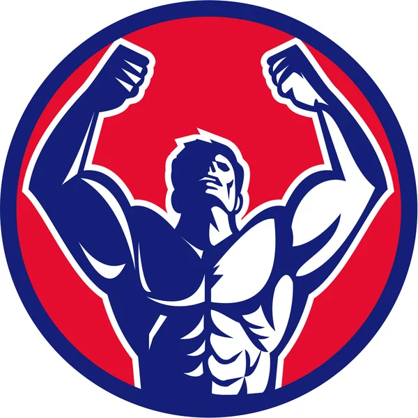 Body Builder Flexing Músculos Círculo Retro — Vector de stock