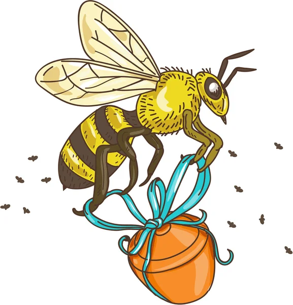 Abeja que lleva el dibujo de la olla de miel — Vector de stock