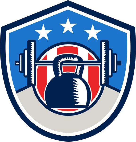 Kettlebell opknoping barbell USA vlag Crest retro — Stockvector