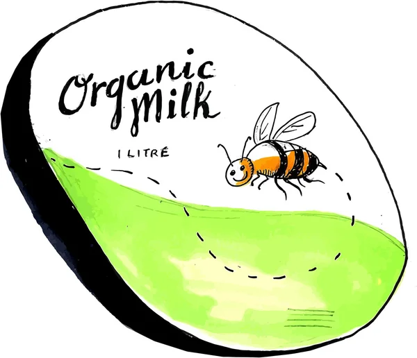 Dibujo de etiqueta de leche ecológica de abeja — Archivo Imágenes Vectoriales