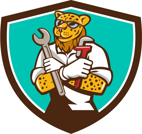 Leopard Mechanic Spanner Monkey Wrench Crest Cartoon — Stock Vector