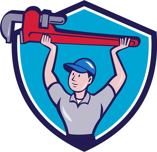 Plumber Lifting Monkey Wrench Crest Cartoon — Stock Vector