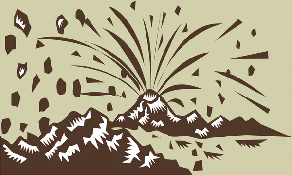 火山噴火島木版画 — ストックベクタ