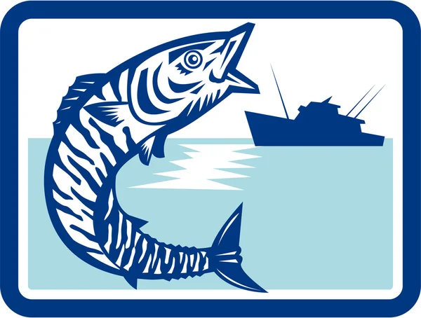Wahoo pesce che salta barca da pesca Rettangolo Retro — Vettoriale Stock
