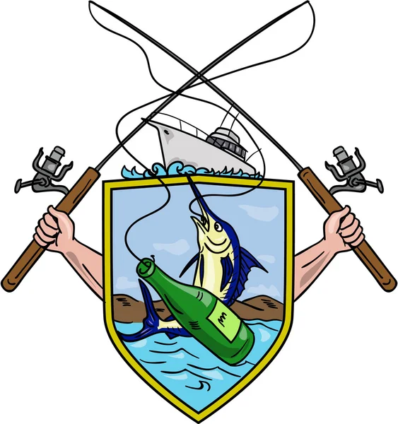 Carrete de caña de pescar Azul Marlin Cerveza Botella Escudo de armas Dibujo — Archivo Imágenes Vectoriales