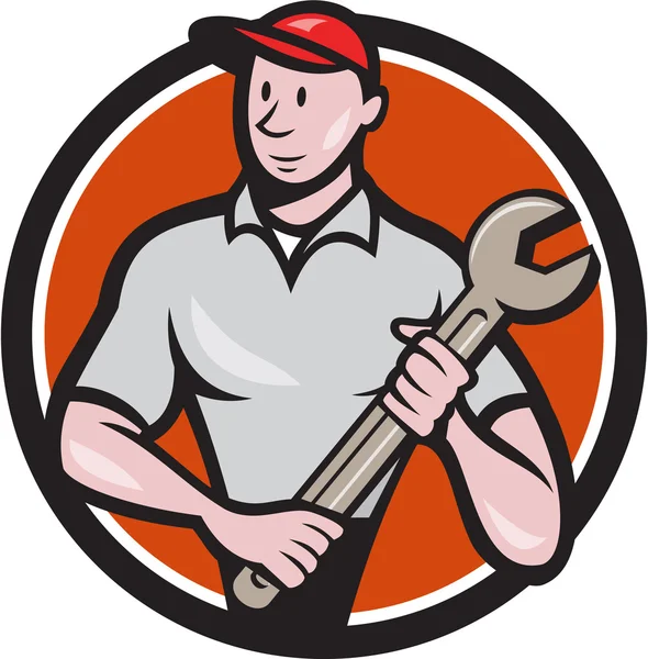 Trabajador mecánico de pie Spanner Circle Cartoon — Vector de stock