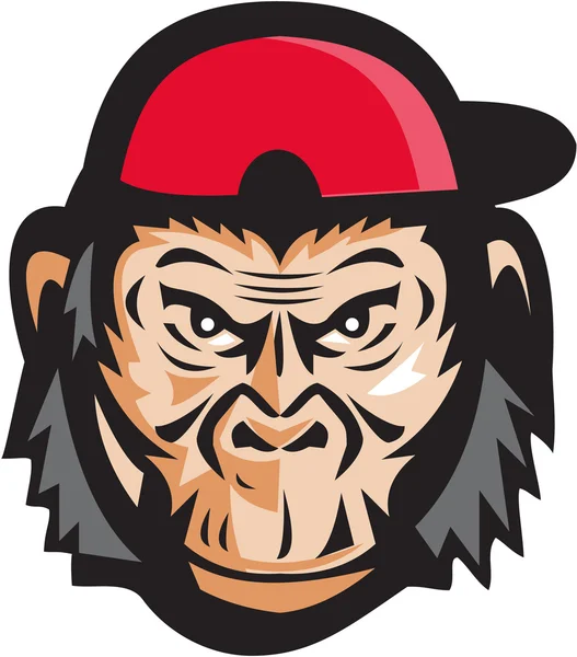 怒っているチンパンジーの頭野球キャップ レトロ — ストックベクタ