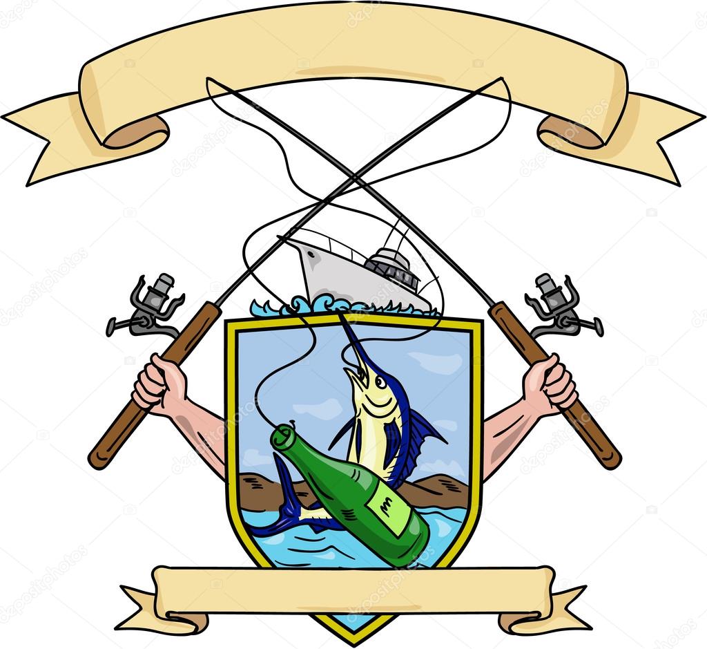 Illustrazione di stile di schizzo di disegno della mano che tiene la canna da pesca e mulinello agganciando un pesce di marlin blu e bottiglia di birra con