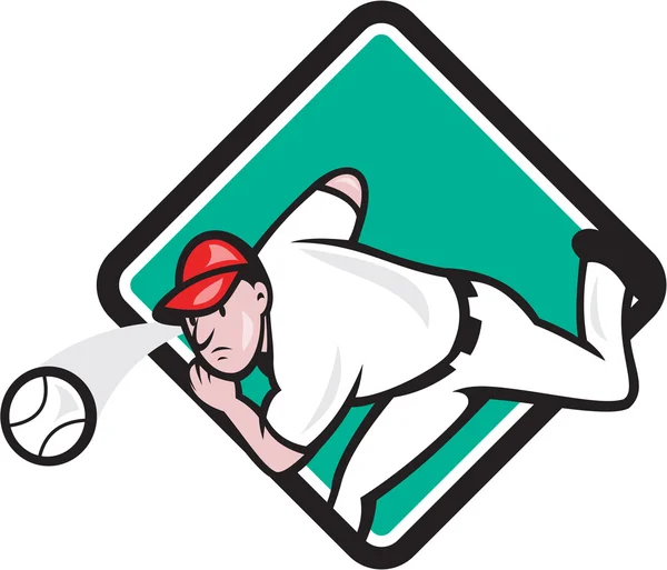 Baseball Pitcher Outfielder kasta bollen Diamond Cartoon — Stock vektor