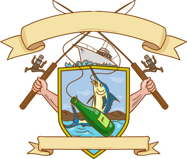 Hengel-Reel aansluiten Blue Marlin lint wapenschild tekening — Stockvector