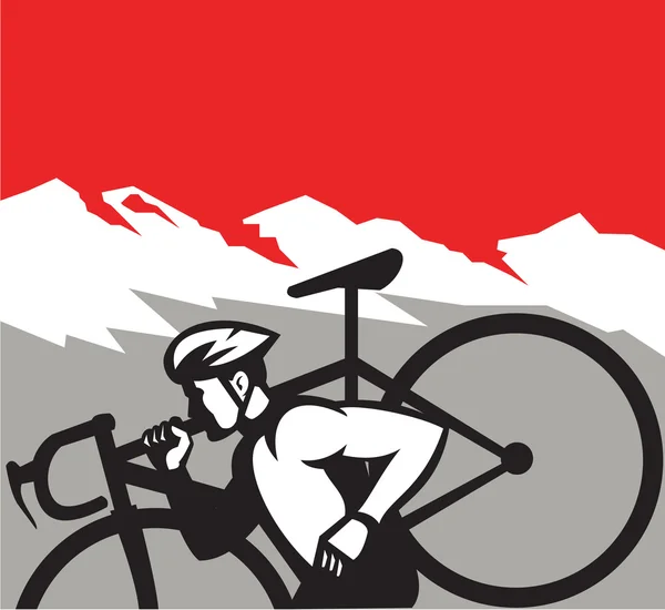 Ciclocross atleta corriendo llevando bicicleta Alpes Retro — Vector de stock